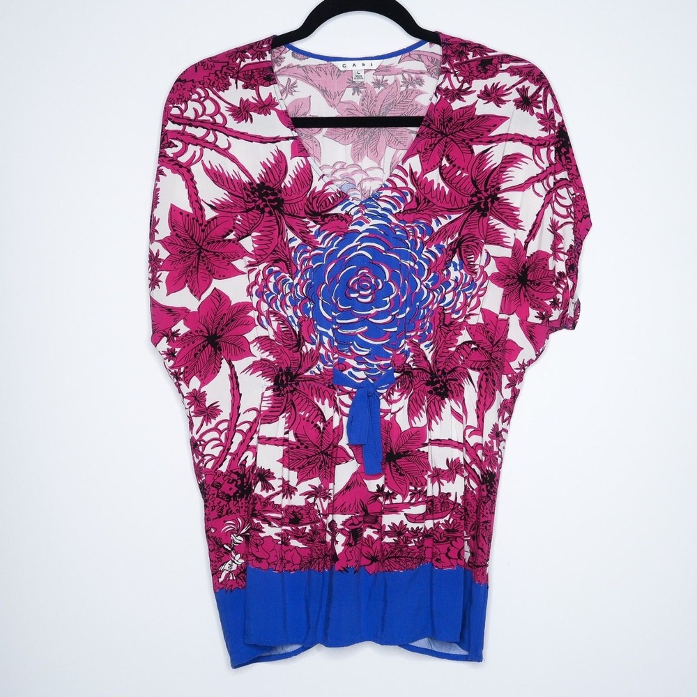 Cabi Magenta Blue Floral Tie Front Elastic Waist Top Size L